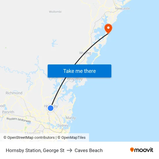 Hornsby Station, George St to Caves Beach map