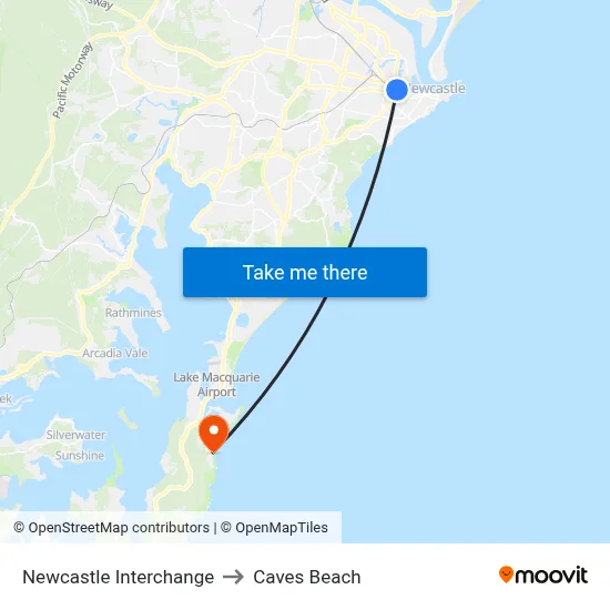 Newcastle Interchange to Caves Beach map