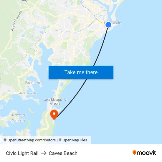 Civic Light Rail to Caves Beach map