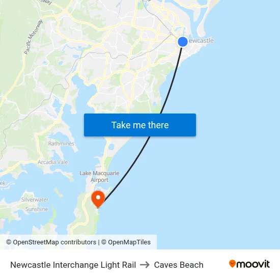 Newcastle Interchange Light Rail to Caves Beach map