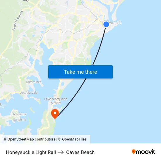 Honeysuckle Light Rail to Caves Beach map