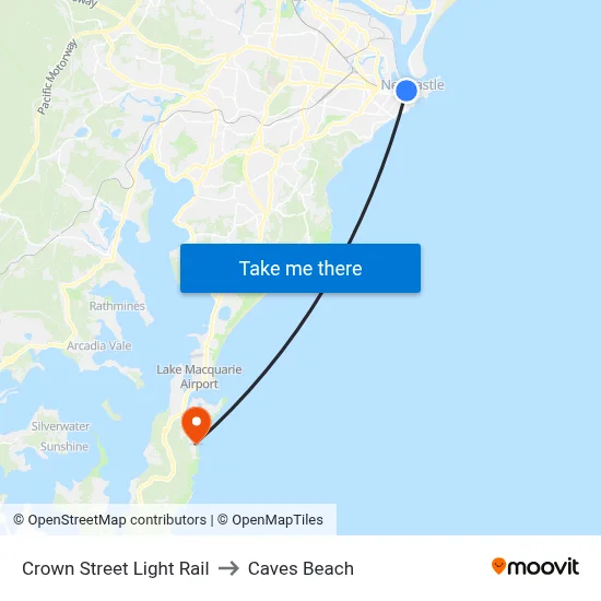 Crown Street Light Rail to Caves Beach map