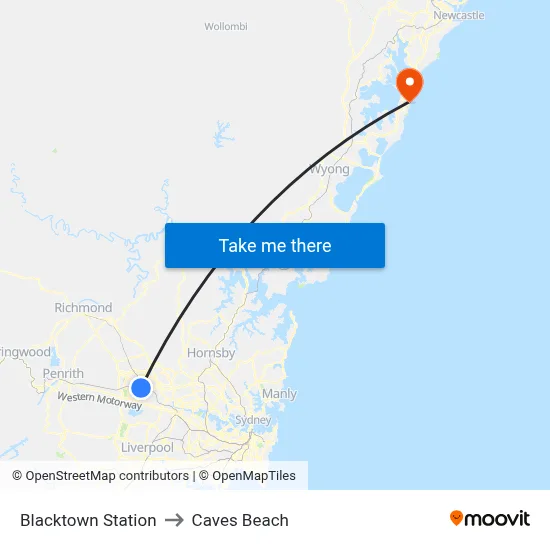 Blacktown Station to Caves Beach map