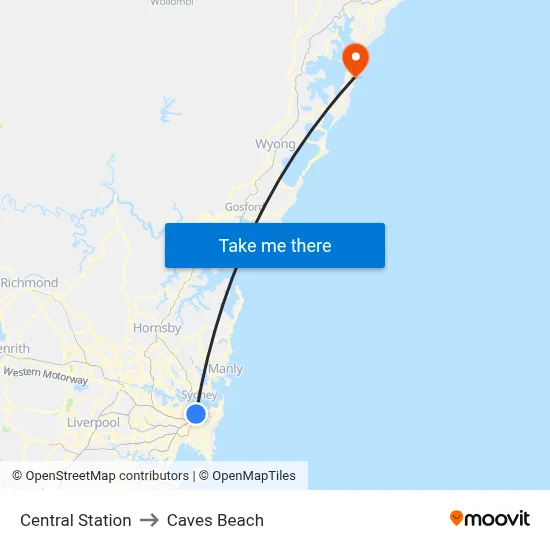 Central Station to Caves Beach map