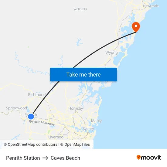 Penrith Station to Caves Beach map