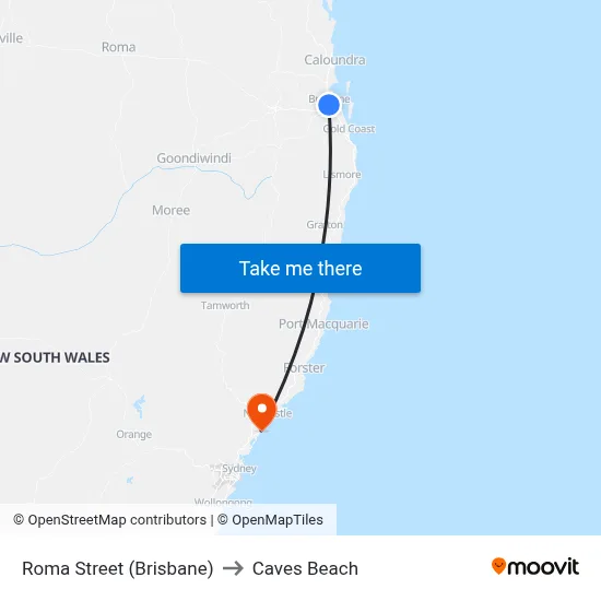 Brisbane Station to Caves Beach map
