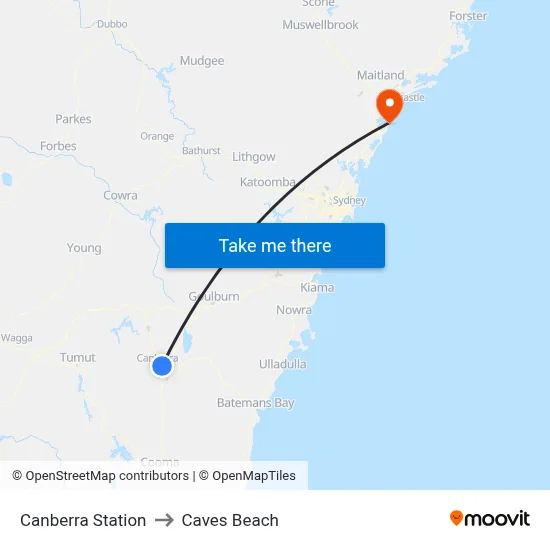 Canberra Station to Caves Beach map