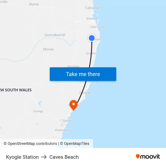 Kyogle Station to Caves Beach map