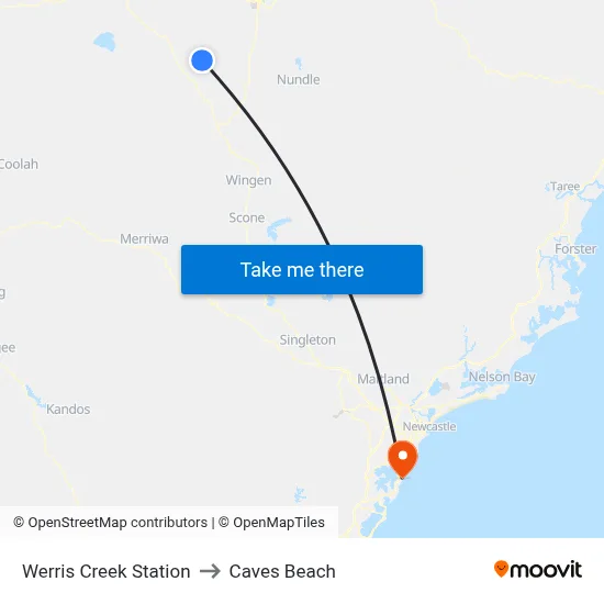 Werris Creek Station to Caves Beach map