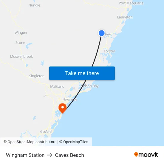 Wingham Station to Caves Beach map