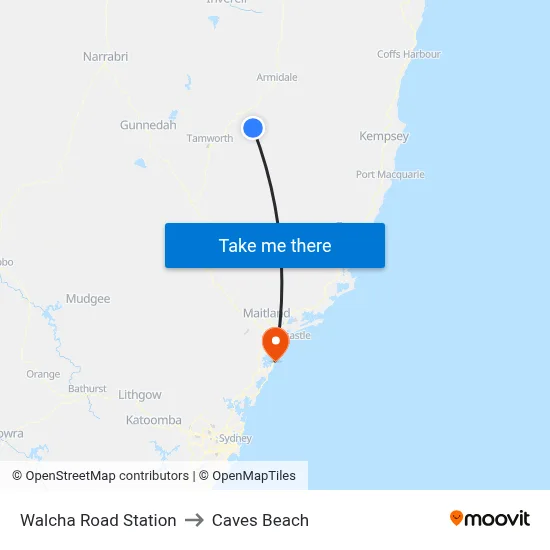Walcha Road Station to Caves Beach map