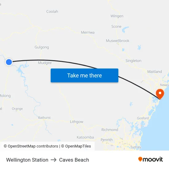 Wellington Station to Caves Beach map