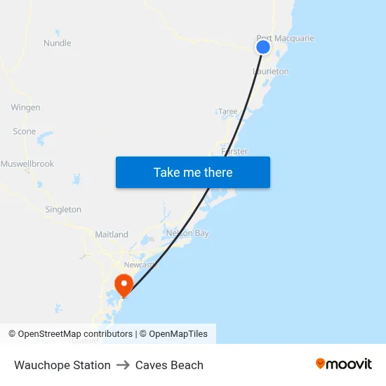 Wauchope Station to Caves Beach map