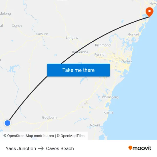 Yass Junction to Caves Beach map