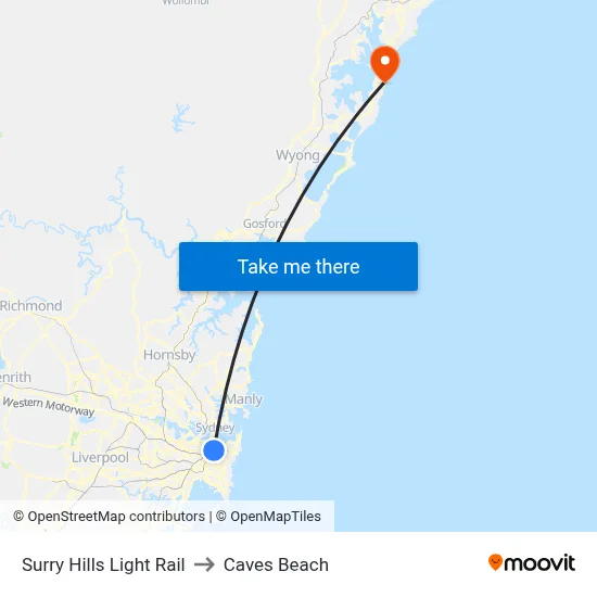 Surry Hills Light Rail to Caves Beach map