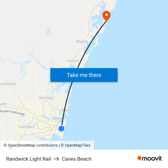 Randwick Light Rail to Caves Beach map