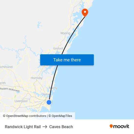 Randwick Light Rail to Caves Beach map