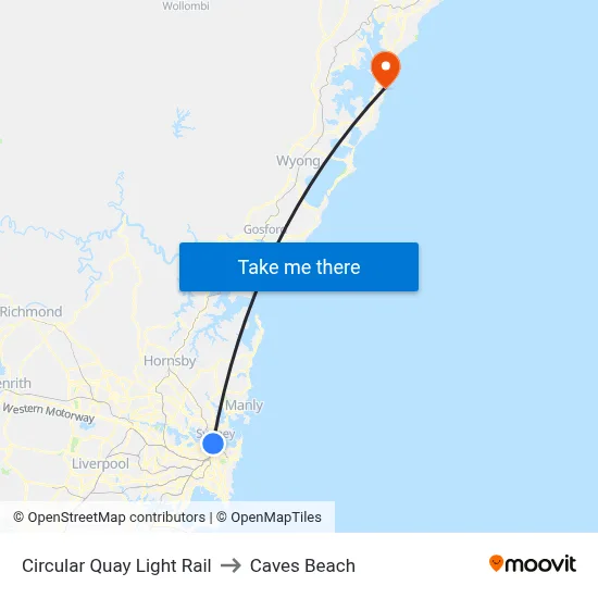 Circular Quay Light Rail to Caves Beach map