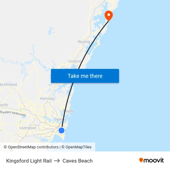 Kingsford Light Rail to Caves Beach map