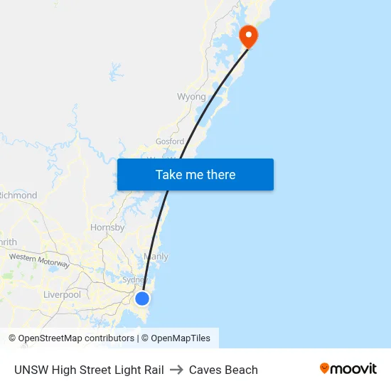 UNSW High Street Light Rail to Caves Beach map