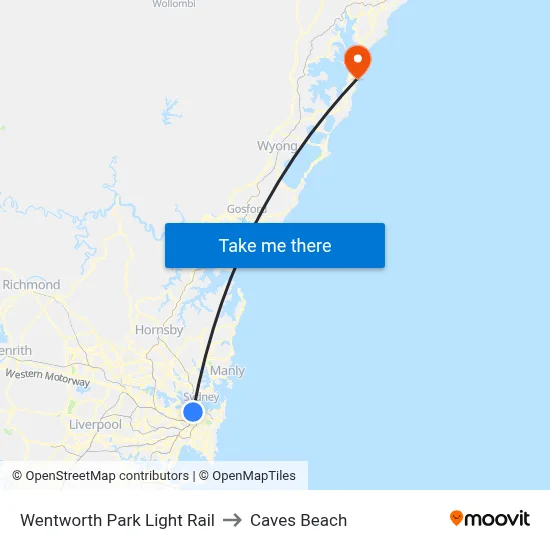 Wentworth Park Light Rail to Caves Beach map