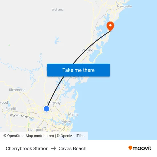 Cherrybrook Station to Caves Beach map