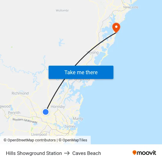 Hills Showground Station to Caves Beach map
