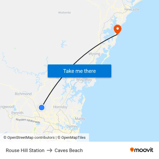 Rouse Hill Station to Caves Beach map