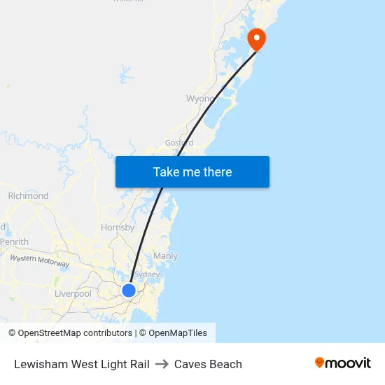 Lewisham West Light Rail to Caves Beach map