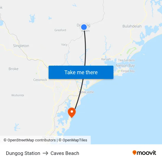 Dungog Station to Caves Beach map