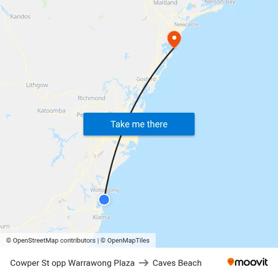 Cowper St opp Warrawong Plaza to Caves Beach map