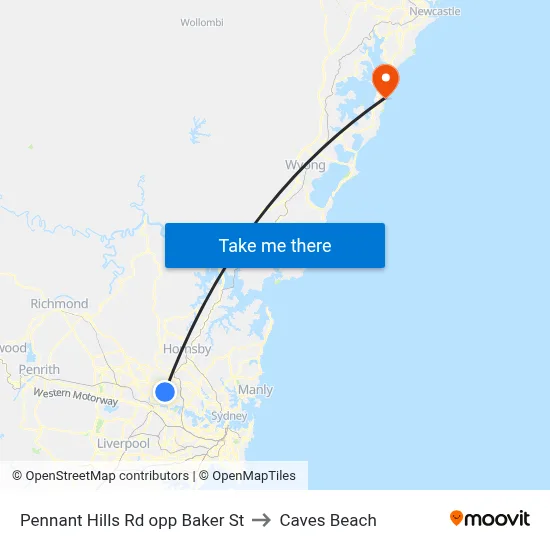 Pennant Hills Rd opp Baker St to Caves Beach map