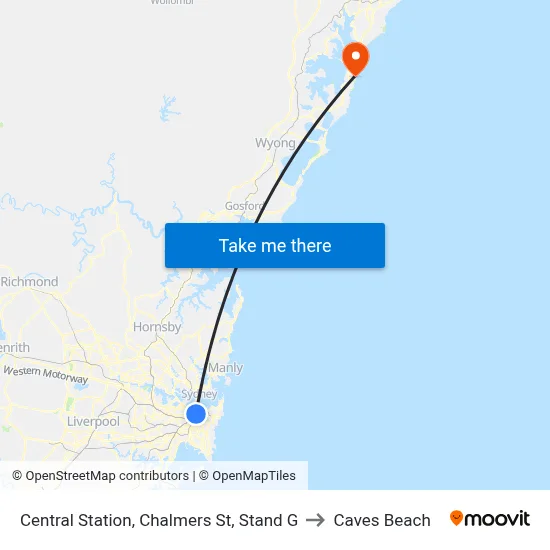 Central Station, Chalmers St, Stand G to Caves Beach map
