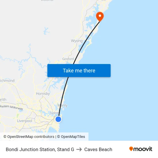 Bondi Junction Station, Stand G to Caves Beach map