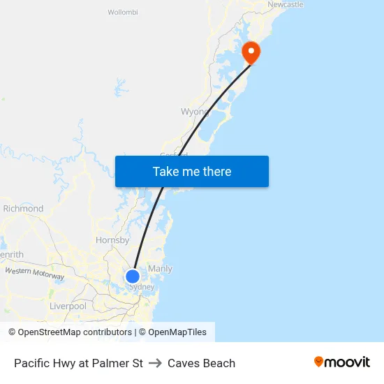 Pacific Hwy at Palmer St to Caves Beach map