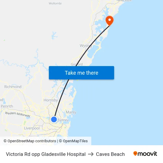Victoria Rd opp Gladesville Hospital to Caves Beach map