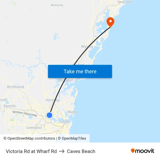 Victoria Rd at Wharf Rd to Caves Beach map
