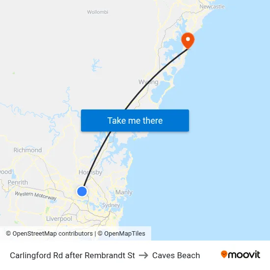 Carlingford Rd after Rembrandt St to Caves Beach map