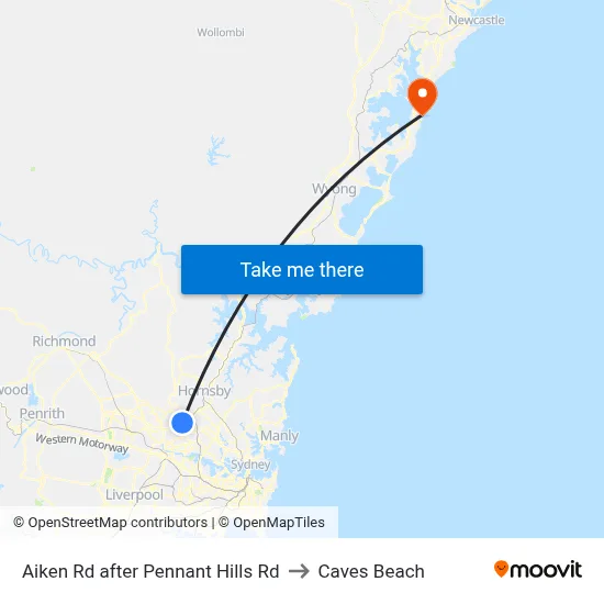 Aiken Rd after Pennant Hills Rd to Caves Beach map