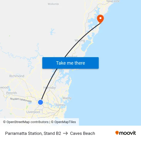 Parramatta Station, Stand B2 to Caves Beach map
