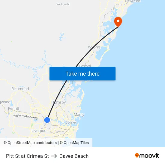 Pitt St at Crimea St to Caves Beach map