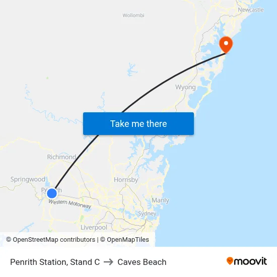 Penrith Station, Stand C to Caves Beach map