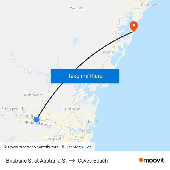 Brisbane St at Australia St to Caves Beach map