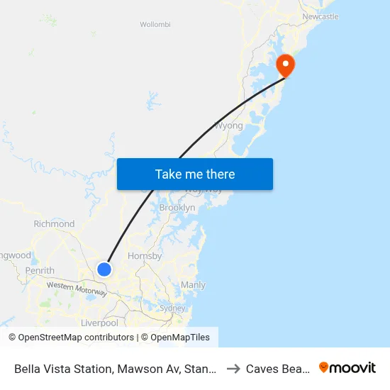 Bella Vista Station, Mawson Av, Stand A to Caves Beach map
