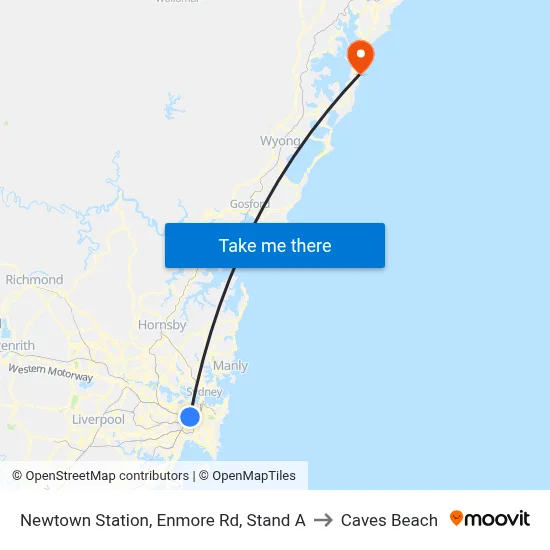 Newtown Station, Enmore Rd, Stand A to Caves Beach map