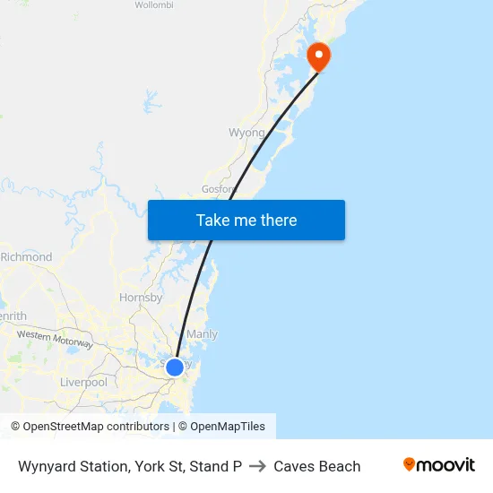 Wynyard Station, York St, Stand P to Caves Beach map
