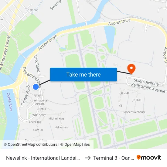 Newslink - International Landside T1 to Terminal 3 - Qantas map