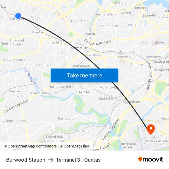 Burwood Station to Terminal 3 - Qantas map