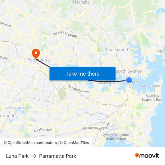 Luna Park to Parramatta Park map