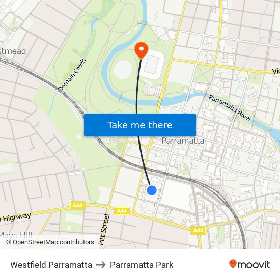 Westfield Parramatta to Parramatta Park map